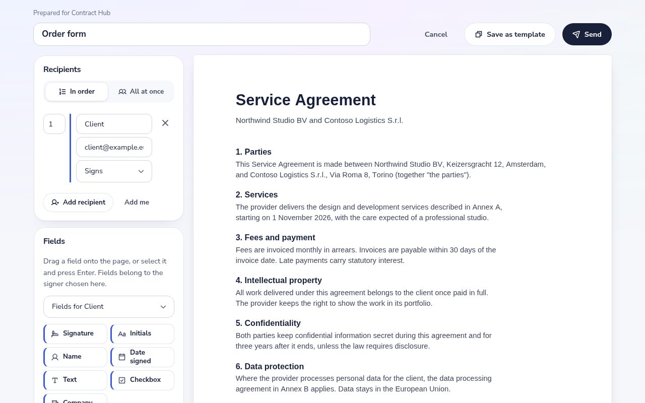 The Dazr Sign window an app opens to prepare a document: recipients, fields and the PDF, with Send and Save as template