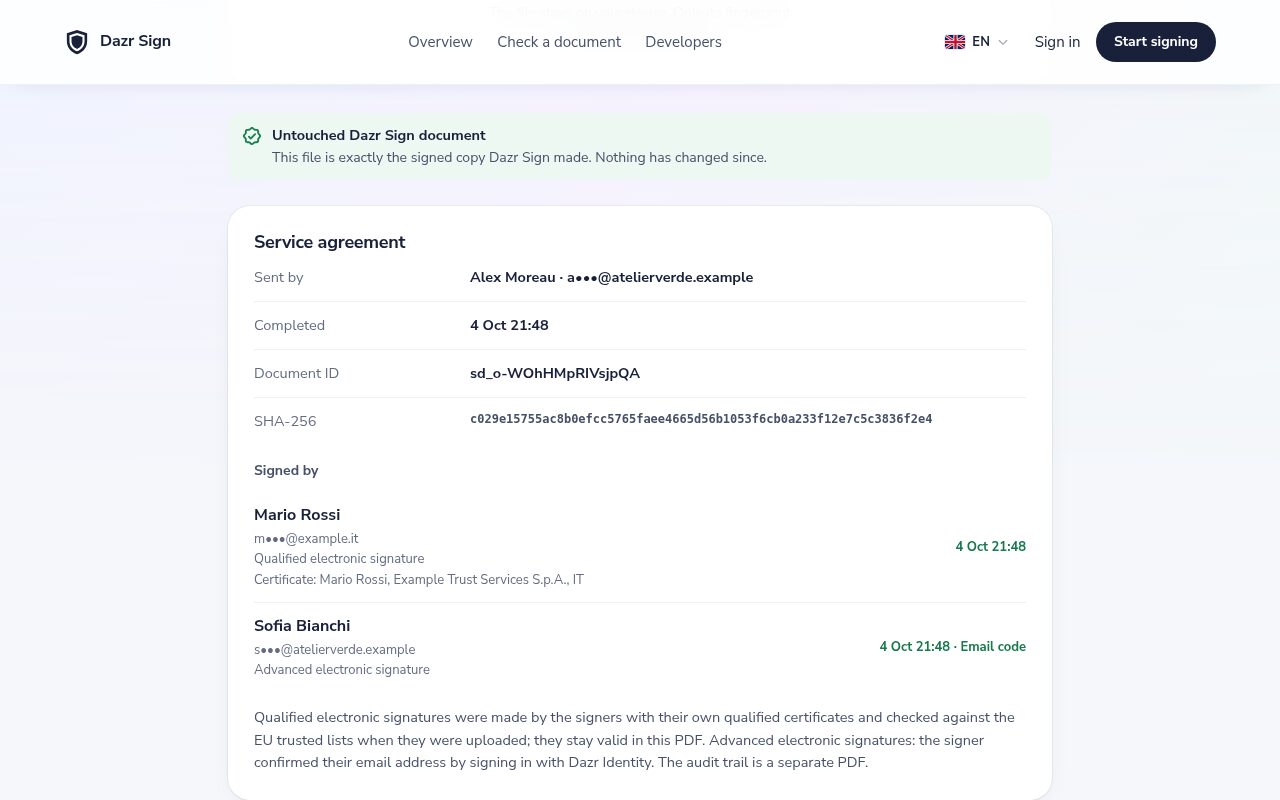 The check page in Dazr Sign: an untouched signed document, with one qualified electronic signature and its certificate and one advanced electronic signature