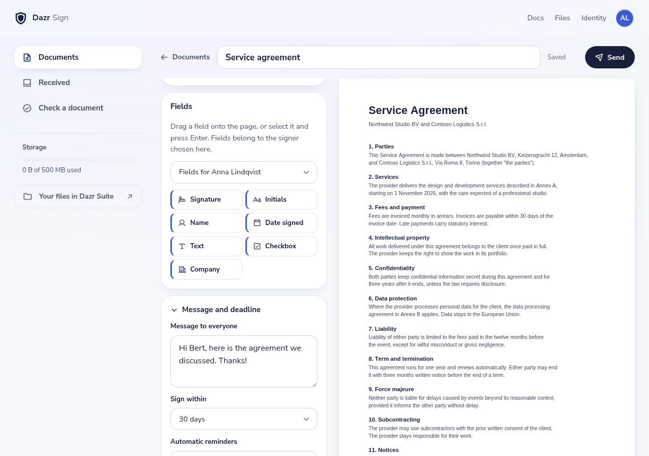 The Dazr Sign editor: a contract with signature, name and date fields placed for two signers