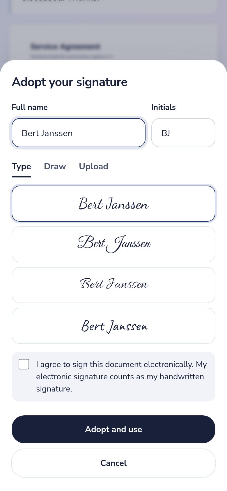 Adopting a signature: the name typed in four handwriting styles, with options to draw or upload