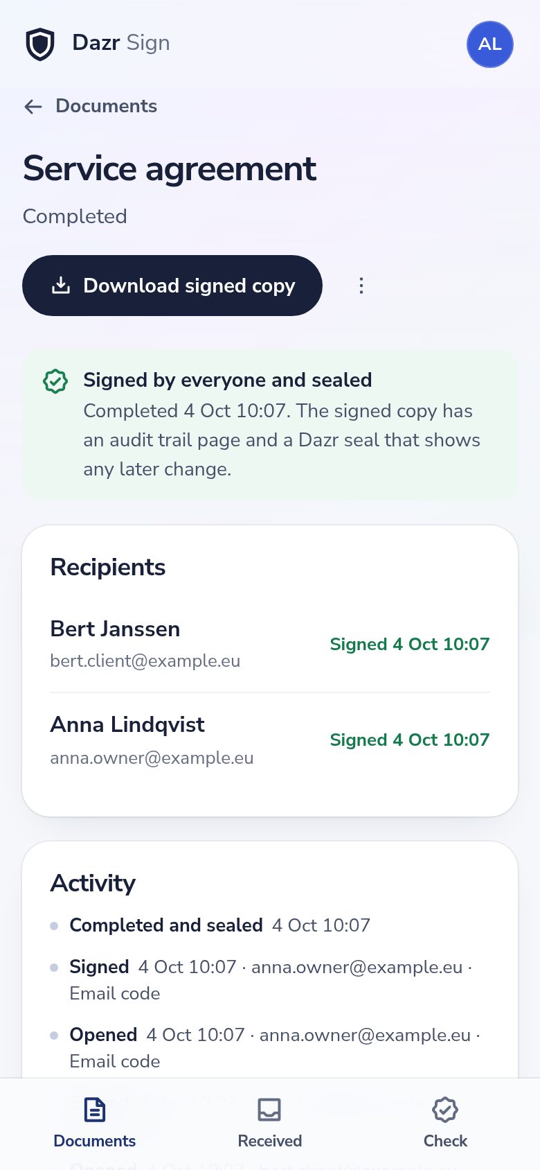 A completed document: signed by everyone and sealed, with the signed copy ready to download