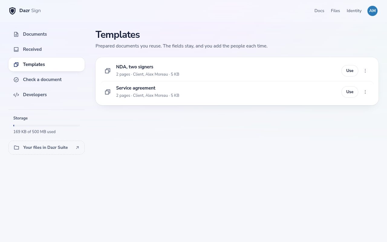 The Templates page in Dazr Sign with two saved templates, each with a Use button